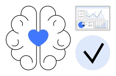 Kalp sembollü beyin çizgisi, veri analizi gösterge paneli, mavi daireli kontrol işareti. Yenilik, akıl sağlığı, analitik, karar verme, eğitim, teknoloji için ideal basit iniş sayfası