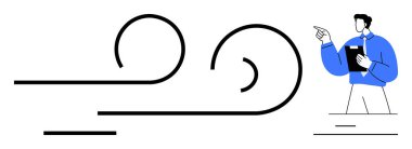 Elinde bir pano olan adam soyut girdap çizgilerini işaret ederek rüzgar hareketini ve enerji akışını temsil ediyor. Bilim, eğitim, çevre, rüzgar enerjisi, hareket dinamikleri, meteoroloji için ideal