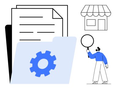 Ayarlar, belgeler, depolama sembolü ve büyüteçle veri inceleyen kişi için dişli simgesi olan dizin. İş yönetimi, organizasyon, analiz, e-ticaret, takım çalışması için ideal