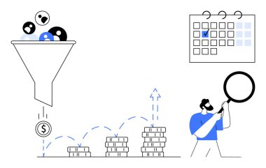 Seyirciyi hasılata filtrelemek, madeni paraları yukarı istiflemek, camları büyütmek, ilerlemeyi incelemek, takvim izleme zaman çizelgesi. Pazarlama, satış, planlama, analitik, strateji yönetimi için ideal