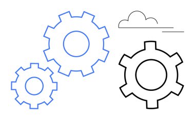 Üzerinde basit bir bulut olan mavi ve siyah çizgili üç vites. Takım çalışması, süreç optimizasyonu, endüstri, ilerleme, yenilik, teknoloji ve basit bir iniş sayfası için ideal