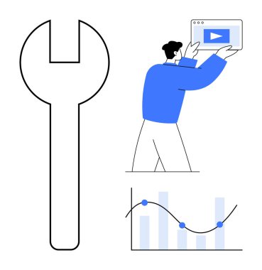 Büyük ingiliz anahtarı, video ekranı tutan kişi ve çubuk grafikli çizgi çizelgesi. Yenilik için ideal, üretkenlik, dijital araçlar, iş büyümesi, teknoloji, basit iniş sayfaları