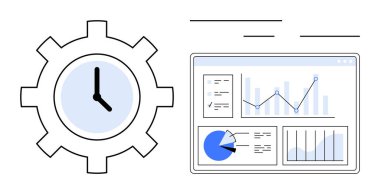 Grafikler, pasta grafikleri ve bar çizelgelerinin olduğu gösterge panelinin yanında vites şeklinde bir saat. Üretkenlik, zaman yönetimi, analiz, iş akışı optimizasyonu, planlama, izleme stratejisi için ideal basit