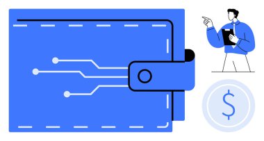 Devreli mavi cüzdan dijital işlemleri sembolize ediyor. Veriye ve madeni para simgesine işaret eden bir figür içerir. Fintech, ödemeler, kripto para birimi, e-ticaret, tasarruflar, dijital