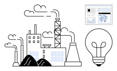 Kömür yığınları ile duman yayan fabrika, performansı analiz eden veri paneli ve sembolik bir ampul. Yenilik için ideal, enerji, endüstri anlayışı, teknoloji, sürdürülebilirlik, araştırma basit