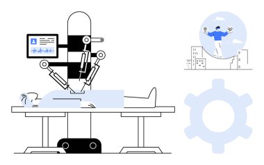 Robot kollar yapay zekanın rehberliğinde cerrahi bir işlem gerçekleştiriyor. Dijital tıbbi veriler görünür. Arka planda insan duygularını dengelemek. Vites simgesi. Teknoloji, sağlık, yenilik, robot bilimi için ideal