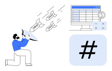 DDoS saldırı füzelerinden kalkan, finansal hesap tablosu olan bilgisayar, sayısal hesap makinesi arayüzü ve meta veri etiketi kavramından kalkan ile savunma yapan kişi. Siber güvenlik ve çevrimiçi koruma için ideal.
