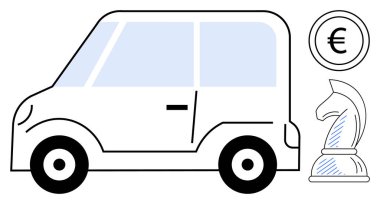 Yuvarlak dizaynlı küçük bir araba, Euro sembolü ve satranç şövalyesi taşıyla işaretlenmiş para birimi parası. Sürdürülebilirlik, hareketlilik, finans, planlama, ulaşım, strateji karar verme mekanizmaları için ideal