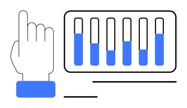 Mavi aksanlı, dikey ilerleme çizelgesinin yanında el hareketi yapıyor. Teknoloji, veri yönetimi, UIUX tasarımı, üretkenlik, etkileşim, analiz, basit iniş sayfası için ideal