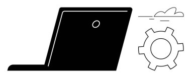 Laptop açılı, yakınlardaki vites simgesi işlevselliği simgeliyor ve minimalist bulut bağlantıyı vurguluyor. Teknoloji, yenilik, bilişim çözümleri, bulut hesaplama, yazılım geliştirme için ideal