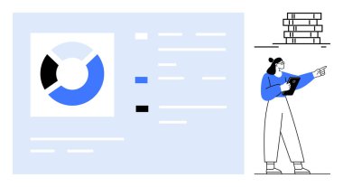 Elinde tablet tutan kadın analist cesur pasta grafiği ve metin detaylarıyla raporlara işaret ederek işbirliği, veri analizi ve araştırmayı işaret ediyor. Analiz, takım çalışması, raporlama ve eğitim için ideal