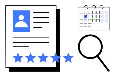 Fotoğraflı profil belgesi, beş yıldızlı not, işaretli tarihli takvim, büyüteç. İşe alım için ideal, iş başvuruları, yetenek arayışı, performans değerlendirmesi, son başvuru tarihi planlama dairesi