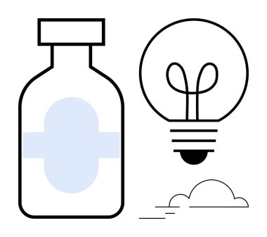 Bulutun yanındaki ilaç şişesi ve ampul yaratıcılık, sağlık yeniliği, sürdürülebilirlik ve büyümeyi akla getiriyor. Sağlık, sağlık, eczacılık, yenilik, fikirler çevre dostu bilim için idealdir.