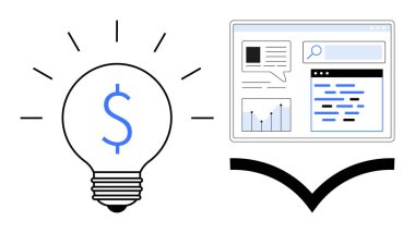 Tarayıcı penceresinin yanında dolar işareti olan bir ampul. Grafikler, mesajlar ve arama çubuğu var. Finans, analitik, yaratıcılık, yenilik, dijital pazarlama, teknoloji sade iniş sayfası için ideal
