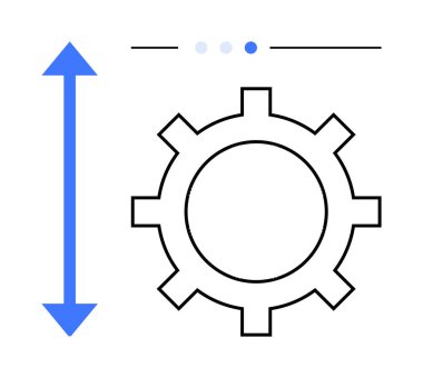 Mavi dikey okla hizalanmış dişli sembolü ve ilerleme göstergeleri büyüme, ölçeklenebilirlik ve kişiselleştirme anlamına geliyor. Otomasyon, mühendislik, geliştirme, iş akışı, yenilik ve strateji için ideal