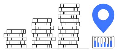 Mavi harita işaretleyicisi ve veri tablosu ile birlikte bozuk para yığınları yükseklikte artar. Finans, tasarruf, yatırım, ekonomik büyüme, bütçe planlaması, refah yönetimi, basit iniş sayfası için ideal