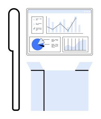 Veri ekranında açık kutu ve kalemle birlikte grafikler, tablolar ve belgeler gösteriliyor. Analiz, iş stratejisi, yaratıcılık, beyin fırtınası, sunum, yenilik için ideal basit iniş sayfası