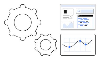 Veri grafiği ve web sayfası arayüzü ile birbirine kenetlenmiş dişliler, analizi, optimizasyonu ve otomasyonu sembolize ediyor. İş stratejisi, teknoloji, üretkenlik, pazarlama ve programlama için ideal
