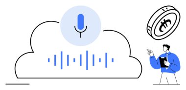 Bulutta ses dalgası sinyalleri, dijital para ve analiz eden bir kişi olan bir mikrofon. Yapay zeka, fintech, ses teknolojisi, engelleme zinciri, yenilikçi konuşma teknolojisi çevrimiçi servisler için ideal. Düz basit