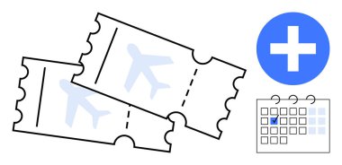 İki uçak bileti, tarihi işaretli bir takvim ve seyahat planlama, rezervasyon ve programlamayı temsil eden bir ikon. Seyahat, tatil, program, planlama organizasyonu için ideal