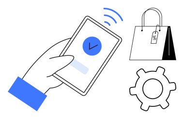 Onaylanmış ödemeli akıllı telefon, indirim etiketli alışveriş çantası ve vites simgesi. E-ticaret, çevrimiçi alışveriş, ödeme sistemleri, dijital cüzdanlar, uygulama geliştirme için ideal