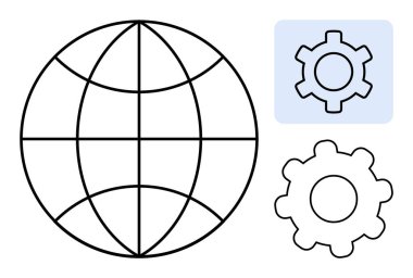 Küre şebekesi, işlevsellik ve optimizasyonu ileten iki vites ayarı ile birlikte küresel bağlantıyı sembolize ediyor. Teknoloji, ağ, mühendislik, küresel erişim, internet, süreç, basit