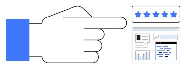 Bir arayüzün üzerinde analitik, arama çubuğu ve içerik önizlemesini gösteren beş yıldızlı bir derecelendirme simgesine el işareti. Geri bildirim, derecelendirme sistemleri, kalite, kullanıcı deneyimi, değerlendirmeler, başarı için ideal