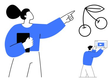 Kadın elinde bir tablet tutarken kirazlara doğru hareket ediyor, erkek elinde bir video ekranı tutuyor. Eğitim, yaratıcılık, iletişim, takım çalışması, teknoloji, sağlık, basit iniş sayfası için ideal