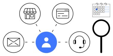E- posta, kulaklık, mağaza önü, web tarayıcı, takvim ve büyütece bağlı merkezi kullanıcı simgesi. Müşteri hizmetleri, CRM, iletişim takımı yönetim organizasyonu iş araçları için ideal