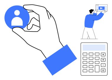 El ele tutuşan profil simgesi, video görüntüsü taşıyan adam ve kullanıcı merkezli tasarımı vurgulayan hesap makinesi. Teknoloji, analitik, kullanıcı arayüzü, video içeriği, eğitim, finans ve basit için ideal