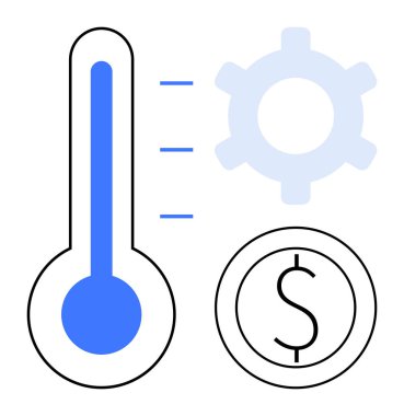 Termometre performans seviyelerini gösteriyor, verimliliği sembolize eden bir dişli ve finans için bir dolar işareti. Performans izleme, maliyet yönetimi, enerji tasarrufu ve iş için ideal