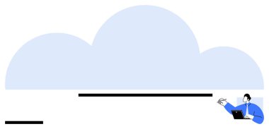 Merkezde mavi bulut, elinde laptop tutan bir adam bulut teknolojisiyle etkileşimde. Teknoloji, bulut depolama, dijital dönüşüm, ağ oluşturma, ölçeklendirme, yenilik, basit iniş sayfası için ideal