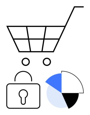 Güvenli asma kilit üzerinde alışveriş arabası ve farklı renklerde veri pasta grafiği. E-ticaret, veri güvenliği, çevrimiçi perakende, istatistik, iş analizi, siber güvenlik, finans, sade metafor için ideal