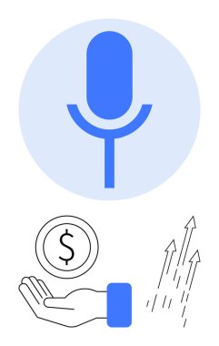 Mavi daire şeklinde mikrofon, bozuk parayla el ve yukarı bakan oklar. İletişim, podcast, teknoloji, finans, girişimcilik yatırım pazarlaması için idealdir. Basit bir iniş için mükemmel.