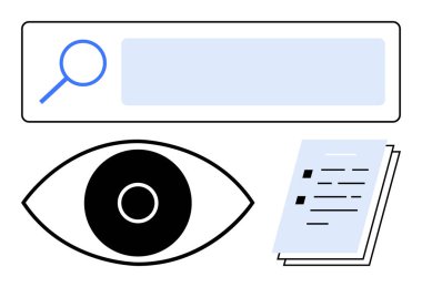 Arama çubuğunun üstündeki büyüteç, göz simgesi ve keşif, araştırma ve veri analizini temsil eden istiflenmiş belgeler. Arama optimizasyonu, analitik, eğitim, web tasarım sektörü için ideal