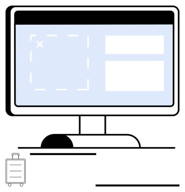 Masaüstü ekranında metin kutularıyla rezervasyon arayüzü ve seyahat bavulu simgesi gösteriliyor. Seyahat planlama, web sitesi tasarımı, çevrimiçi rezervasyon, iş araçları, uygulama geliştirme, turizm hizmetleri için ideal