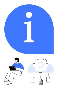 Dizüstü bilgisayarı olan kullanıcı belge akışını yöneten dişli sistemine bağlanıyor. Veri organizasyonu, teknoloji, iş akışı, dijital erişim, otomasyon, destek sistemleri için ideal, düz basit metafor