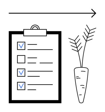 Tamamlanmış görevleri, havuç illüstrasyonunu ve verimliliği, hedef başarısını, planlama, sağlık, sürdürülebilirlik, motivasyon ve basit bir iniş sayfasını ileten ileri ok içeren kontrol defteri