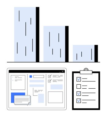 Bar çizelgesi, donanımlı dijital gösterge paneli, tamamlanmış görevleri olan kontrol listesi. Proje planlaması, veri takibi, verimlilik, raporlama, organizasyon, analitik basit iniş sayfası için ideal