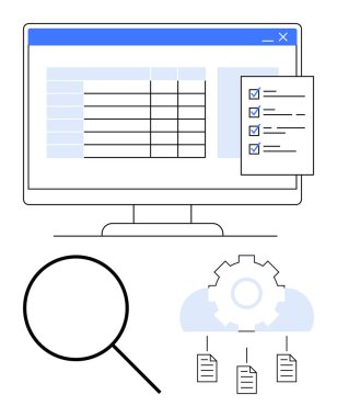 Hesap tablosu ve kontrol listesi gösteren bilgisayar ekranı, aramayı temsil eden büyüteç, işlem otomasyonunu sembolize eden vites. Üretkenlik, organizasyon, analitik, bulut depolama için ideal