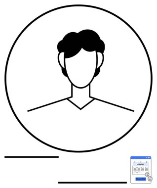 Metin satırları ve küçük takvim simgesi ile basitleştirilmiş avatar, kimlik, profil oluşturma, çevrimiçi takvim oluşturma, kişisel hesap yönetimi. Sosyal medya ve iletişim için ideal