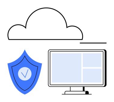 İşaretli mavi kalkan, çizilmiş bulut, masaüstü monitör ekranı. Bulut depolama, siber güvenlik, veri koruması, yazılım güvenliği, ağ oluşturma, teknoloji sade iniş sayfası için ideal