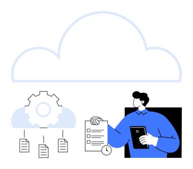 Yukarıda süzülen büyük bulut, dişli sembolü, belgeler, kontrol listesi ve tablet. Takım çalışması, veri depolama, iş akışı planlaması, organizasyon, dijital araçlar üretkenlik dairesi için ideal