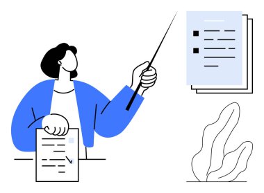 Anahtar noktalarını bir işaretçiyle sunan kişi, belgeleri referans alıyor. İş, eğitim, eğitim, iletişim, iş akışı, takım çalışması, basit iniş sayfası için ideal