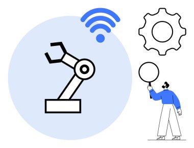 Üzerinde kablosuz ikon olan mavi dairenin içinde robot kol, dişli sembol, konuşma baloncuğu olan insan. Otomasyon için ideal, IoT, teknolojik yenilik, akıllı sistemler, endüstri 4.0 bağlantı sade iniş