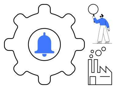 Tebligat zili, konuşma balonu, fabrika ikonu, insan figürü. Alarm sistemi için ideal, verimlilik, endüstriyel süreç, takım çalışması, iletişim otomasyonu basit iniş sayfası