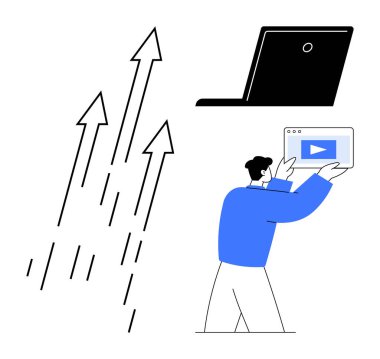 Büyümeyi simgeleyen yukarı çıkan oklar, bir dizüstü bilgisayar ve medya dosyası sunan bir profesyonel. Yenilik, pazarlama, strateji, başarı, büyüme, eğitim için ideal basit iniş sayfası