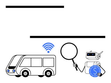 Robot bağlı otonom otobüsün yanında büyüteç tutuyor, analiz, yapay zeka, ulaşım yeniliği. Akıllı hareketlilik, yapay zeka destekli navigasyon, IOT, gelecek teknolojisi, otomasyon için ideal.