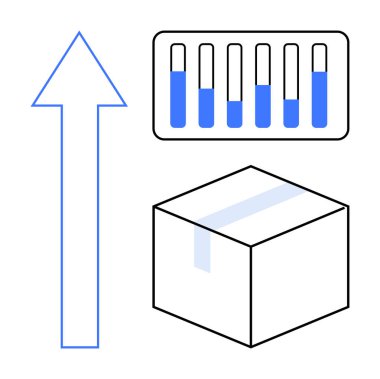 Yukarı bakan büyük bir ok, mavi ilerlemeli bir çizelge ve büyümeyi, veri analizini ve nakliyatı temsil eden bir kutu. İş stratejisi, lojistik, analitik, pazarlama planlaması için ideal