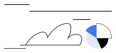 Temiz geometrik şekilleri ve soyut çizgileri olan segmentli pasta grafiğinin yanında bulut çizgisi. Teknoloji, analitik, veri depolama, iş, minimalizm, istatistik, bulut hesaplama için ideal. Düz basit